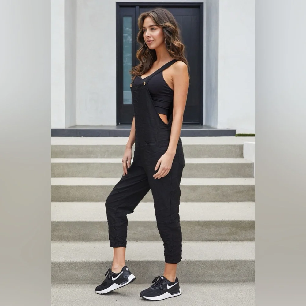 (G1127-SOL-BLK) SOLID COMFY CRINKLE OVERALL - Picture 2 of 7